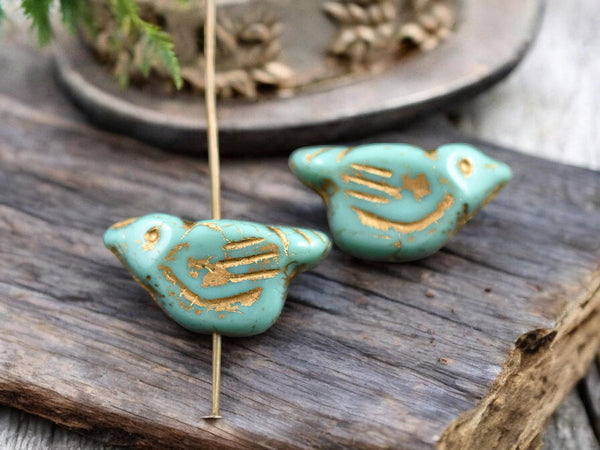 *6* 11x22mm Gold Washed Opaque Turquoise Bird Beads