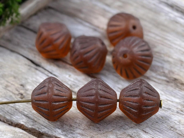 *15* 11mm Brown Washed Matte Dark Amber Carved Bicone Beads