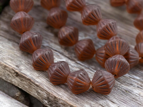 *15* 11mm Brown Washed Matte Dark Amber Carved Bicone Beads