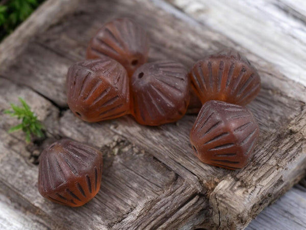 *15* 11mm Brown Washed Matte Dark Amber Carved Bicone Beads