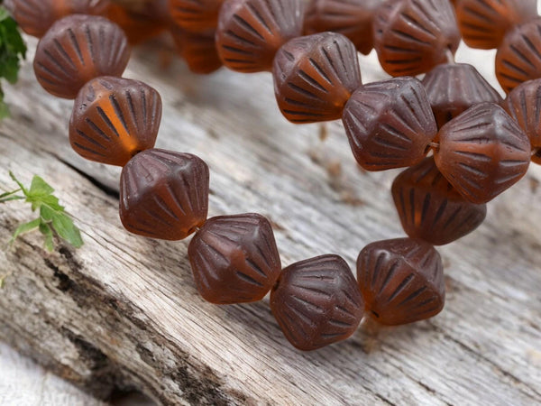 *15* 11mm Brown Washed Matte Dark Amber Carved Bicone Beads