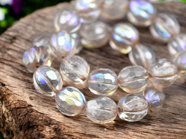 *12* 10mm Metallic Beige Washed Crystal AB Faceted Round Melon Beads