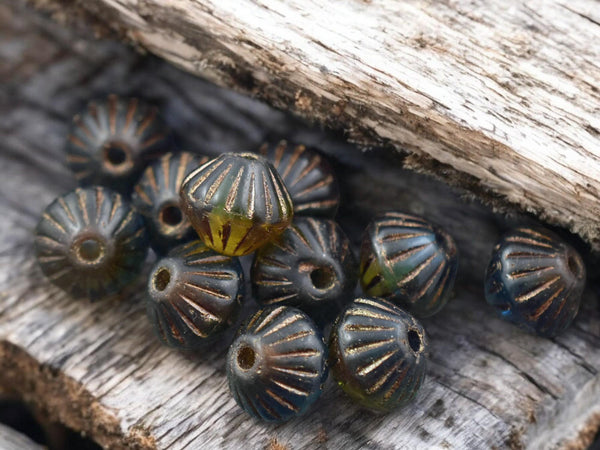 *15* 9mm Bronze Washed Amber Teal Large Hole Bicone Beads