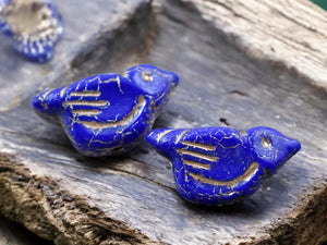 *6* 11x22mm Gold Washed Opaque Indigo Bird Beads