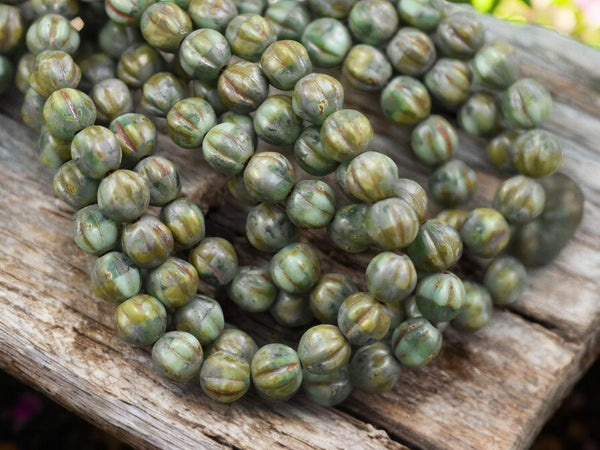 *25* 6mm Antiqued Rustic Green Picasso Fluted Round Melon Beads