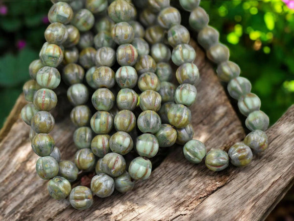 *25* 6mm Antiqued Rustic Green Picasso Fluted Round Melon Beads