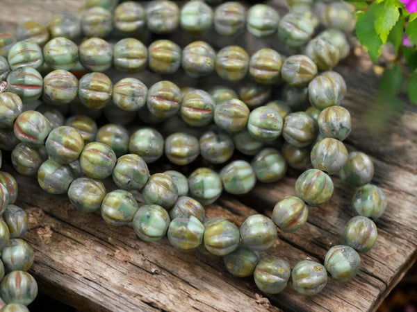 *25* 6mm Antiqued Rustic Green Picasso Fluted Round Melon Beads