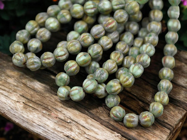 *25* 6mm Antiqued Rustic Green Picasso Fluted Round Melon Beads