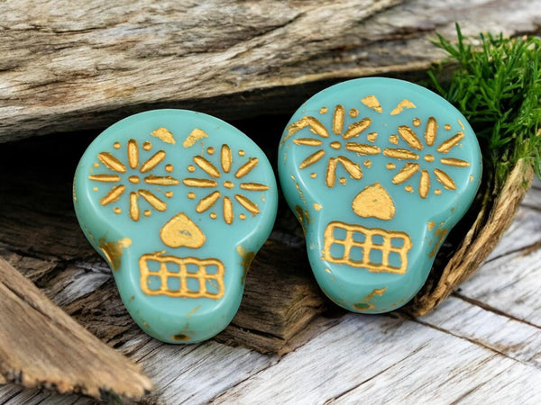 *10* 20x17mm Gold Washed Opaque Turquoise Sugar Skull Beads