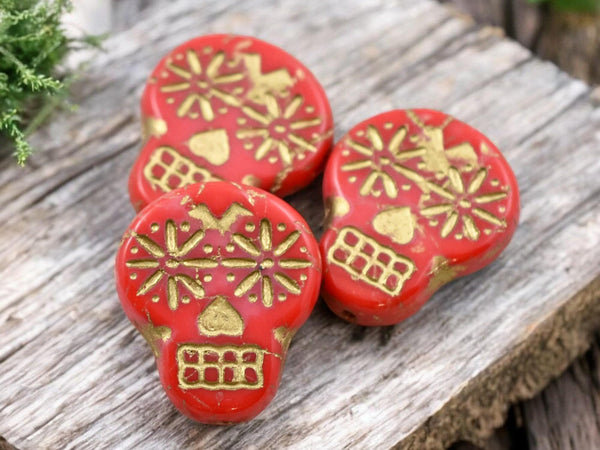 *10* 20x17mm Gold Washed Coral Red Sugar Skull Beads