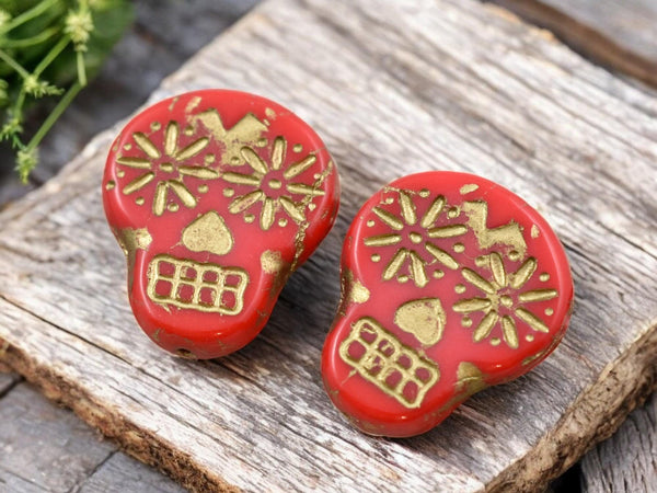 *10* 20x17mm Gold Washed Coral Red Sugar Skull Beads