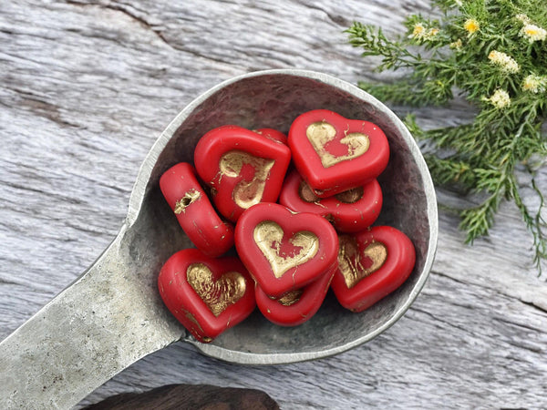 Red Heart Beads - Czech Glass Beads - Valentines Beads - Picasso Beads - 14x12mm - 10pcs - (5836)