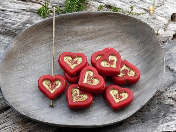 Red Heart Beads - Czech Glass Beads - Valentines Beads - Picasso Beads - 14x12mm - 10pcs - (5836)