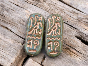 *6* 25x10mm Copper Washed Blue Turquoise Picasso Egyptian Cartouche Oval Beads