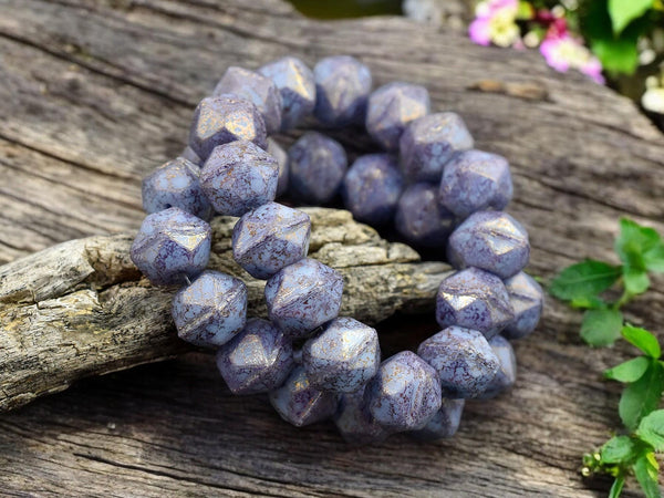 *15* 9x10mm Purple Washed Opaqaue Periwinkle Antique Cut Round Beads