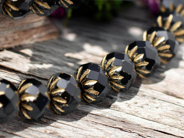 *25* 6x9mm Gold Washed Matte Jet Black Cruller Rondelle Beads