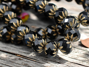 *25* 6x9mm Gold Washed Matte Jet Black Cruller Rondelle Beads