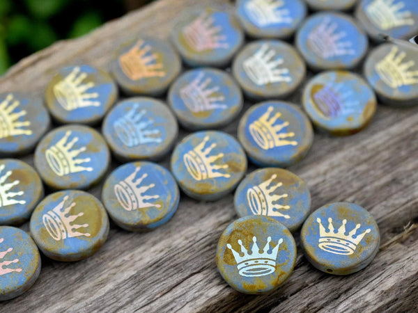 *4* 14mm Laser Etched Matte Blue Turquoise Picasso AB Crown Coin Beads