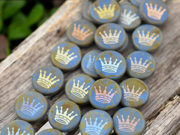 *4* 14mm Laser Etched Matte Blue Turquoise Picasso AB Crown Coin Beads