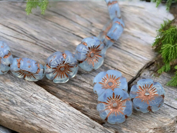 *6* 12mm Copper Inlayed Blue Opaline Carved Table Cut Flower Beads