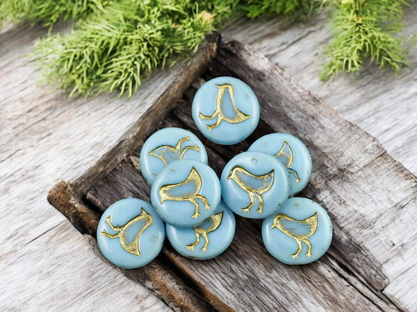 *15* 12mm Gold Washed Opaque Sky Blue Bird Coin Beads