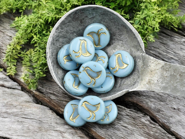 *15* 12mm Gold Washed Opaque Sky Blue Bird Coin Beads