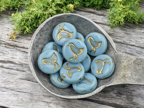 *15* 12mm Gold Washed Opaque Sky Blue Bird Coin Beads