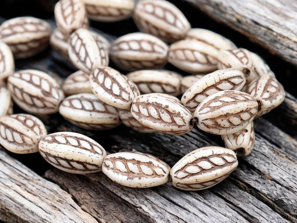 *10* 15x9mm Brown Washed Alabaster White Twisted Oval Beads