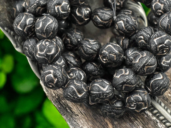 *15* 10mm Metallic Beige Washed Matte Black Round Rose Beads