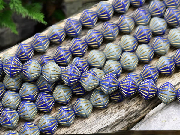 *12* 8x9mm Gold Washed Blended Turquoise & Blue Carved Bicone Beads