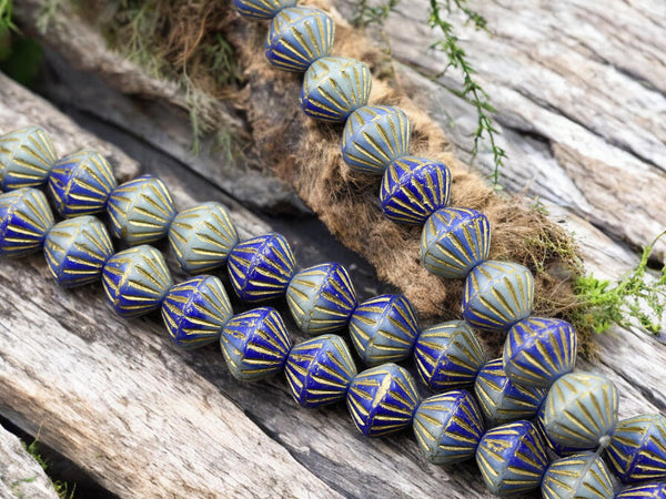 *12* 8x9mm Gold Washed Blended Turquoise & Blue Carved Bicone Beads