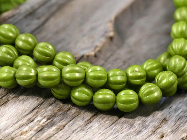 *25* 8mm Gold Flecked Opaque Olive Green Fluted Melon Round Beads