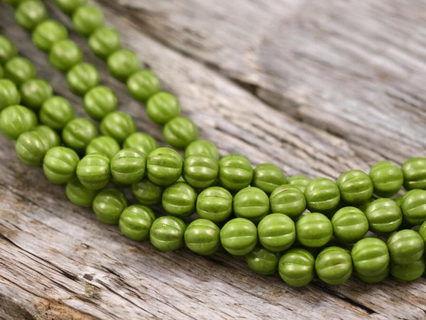 *25* 8mm Gold Flecked Opaque Olive Green Fluted Melon Round Beads