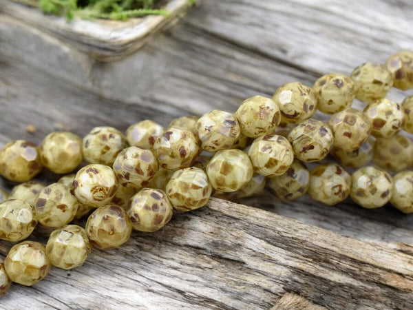 *16* 8mm Beige Opaline Picasso Fire Polished Round Beads