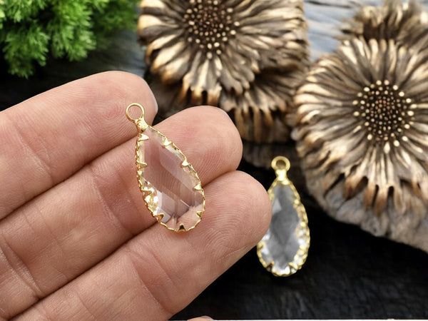 *2* 24x11mm 18k Gold Plated Brass Faceted Clear Glass Teardrop Pendants