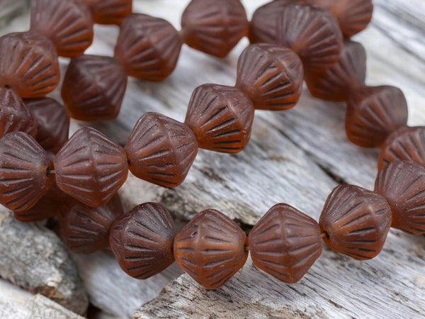 *15* 11mm Brown Washed Matte Dark Amber Carved Bicone Beads