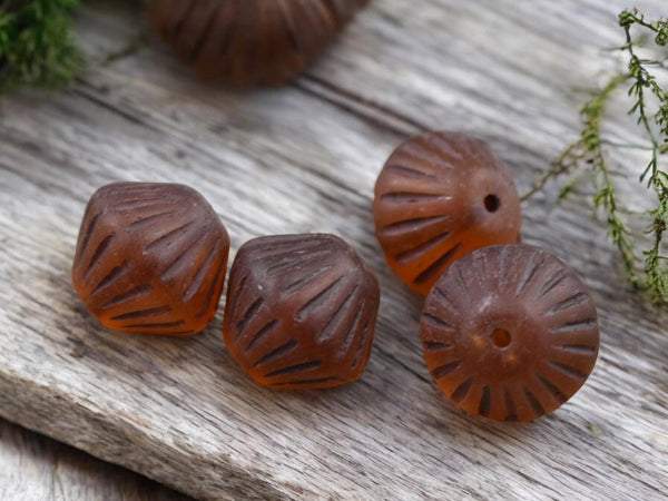 *15* 11mm Brown Washed Matte Dark Amber Carved Bicone Beads