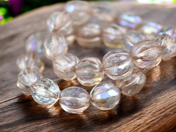 *12* 10mm Metallic Beige Washed Crystal AB Faceted Round Melon Beads