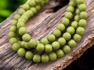 *30* 6mm Gold Washed Etched Opaque Chartreuse Round Druk Beads