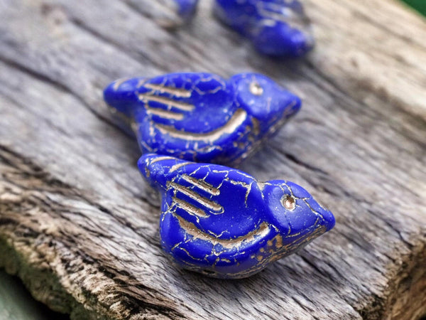 *6* 11x22mm Gold Washed Opaque Indigo Bird Beads