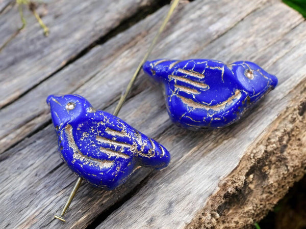 *6* 11x22mm Gold Washed Opaque Indigo Bird Beads