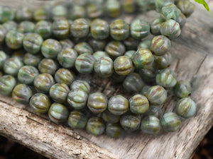 *25* 6mm Antiqued Rustic Green Picasso Fluted Round Melon Beads