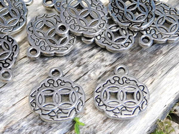 Chinese Coin Charms - Silver Charms - Metal Charms - Asian Charms - Antique Silver - Chinese Coins - 10pcs (5904)