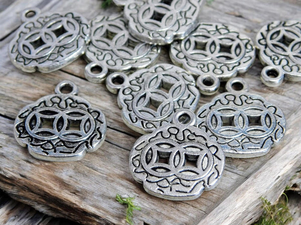 Chinese Coin Charms - Silver Charms - Metal Charms - Asian Charms - Antique Silver - Chinese Coins - 10pcs (5904)