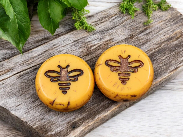 *12* 12mm Dark Bronze Washed Opaque Yellow Bee Coin Beads