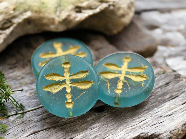 *4* 18mm Gold Washed Matte Aqua Blue Dragonfly Coin Beads