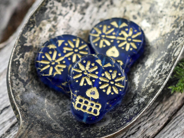 *10* 20x17mm Gold Washed Transparent Deep Blue Sugar Skull Beads