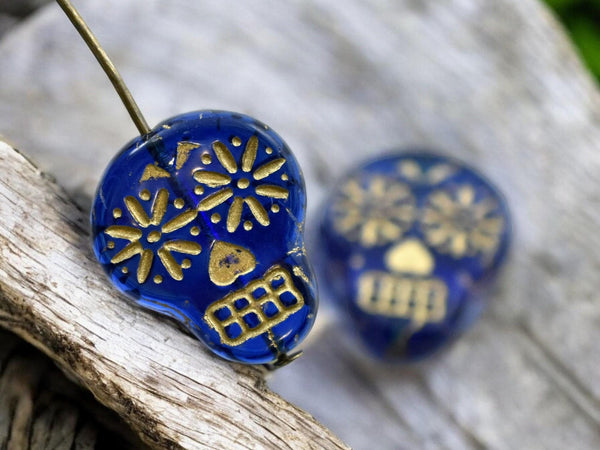 *10* 20x17mm Gold Washed Transparent Deep Blue Sugar Skull Beads