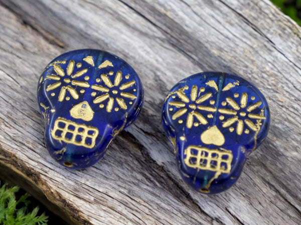 *10* 20x17mm Gold Washed Transparent Deep Blue Sugar Skull Beads