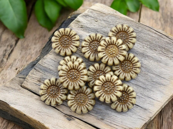 Flower Beads - Sunflower Beads - Czech Glass Beads - Picasso Beads - Coin Beads - 13mm - 12pcs - (2962)